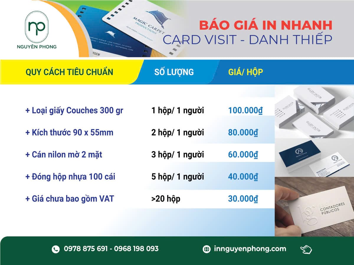 bảng báo giá in card visit nội thất tại in Nguyên Phong